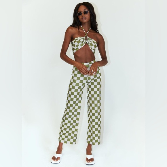 Princess Polly checkered stretch crop top halter bra pants set outfit NWOT - Picture 1 of 8